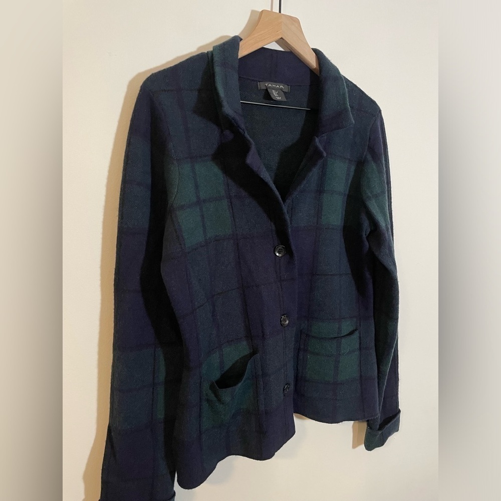 Tahari Soft Plaid Sweater Blazer Size Large Academia Career Preppy Green & Blue - Picture 3 of 8
